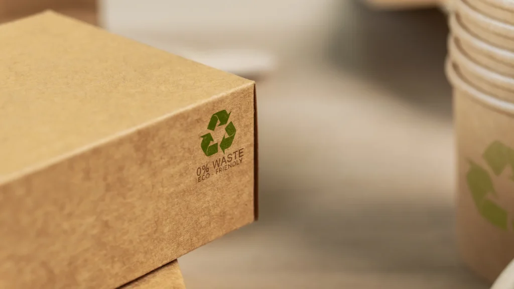 Eco friendly packaging brown box with green recycles.
